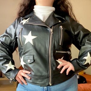Plus Size Faux Leather Black Jacket with White Stars 3X